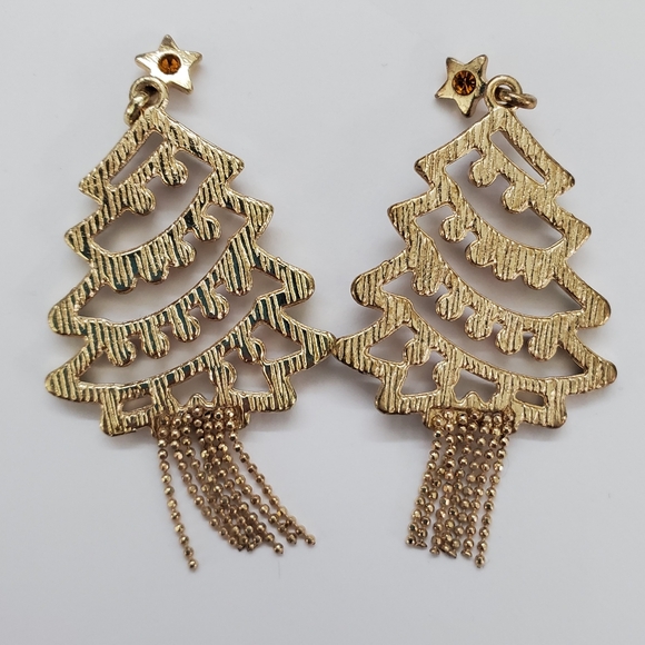 Earrings - Holiday Time Christmas Tree With Green, Red, White Rhinestones - Picture 2 of 3
